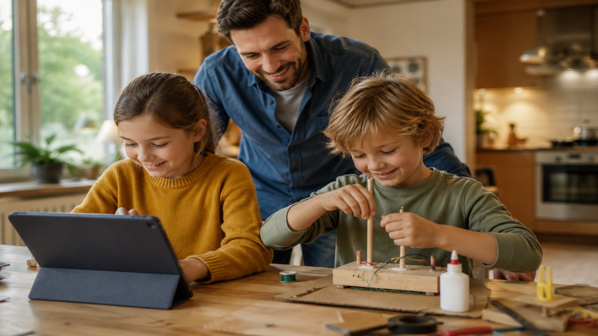 Zwei Kinder lernen mit Freude am Küchentisch: ein Kind arbeitet am Tablet, ein anderes bastelt mit Holz, Draht und Leim, der Vater schaut unterstützend zu.